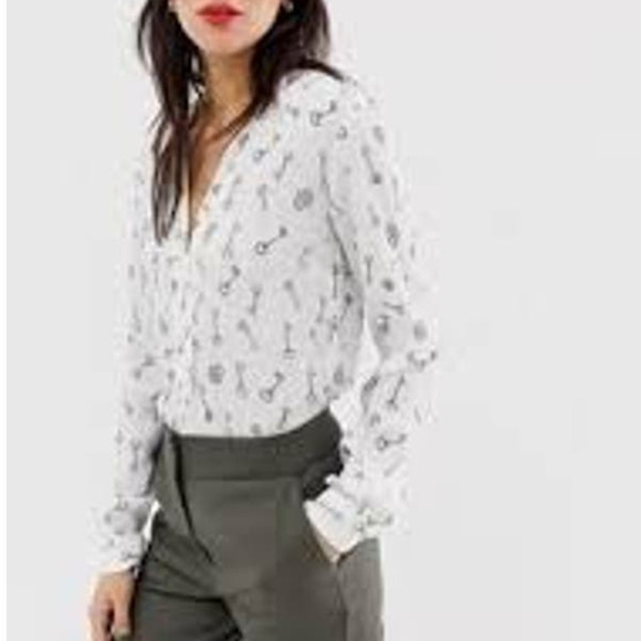Per Se‎ Blouse Key Print White Black Long Roll Sleeve Button Woman's Size Medium - Picture 1 of 11